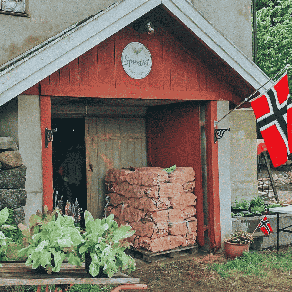 et rødt hus med flagg