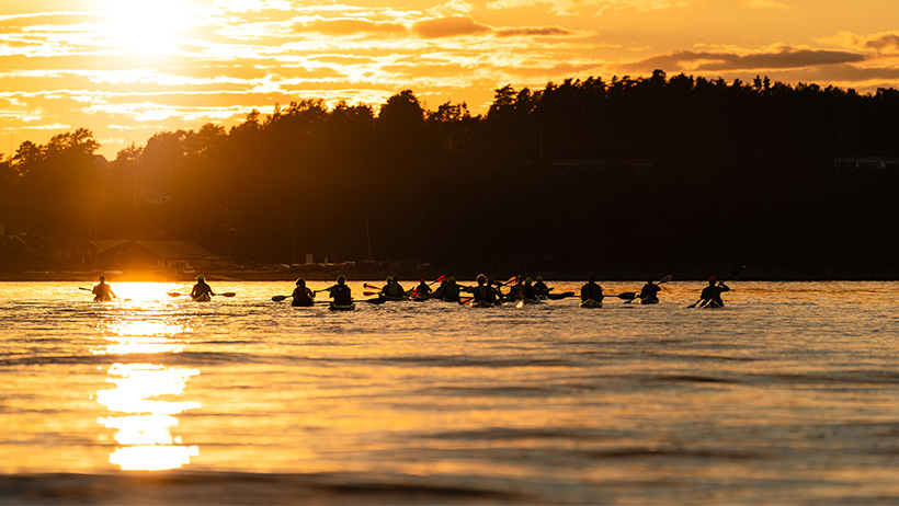 En gruppe kajakker padler på et stille vann ved solnedgang. Solen kaster et gyllent lys over vannet og silhuettene av trærne i bakgrunnen. Kajakkene er spredt utover vannet, noen padler alene mens andre er i små grupper.