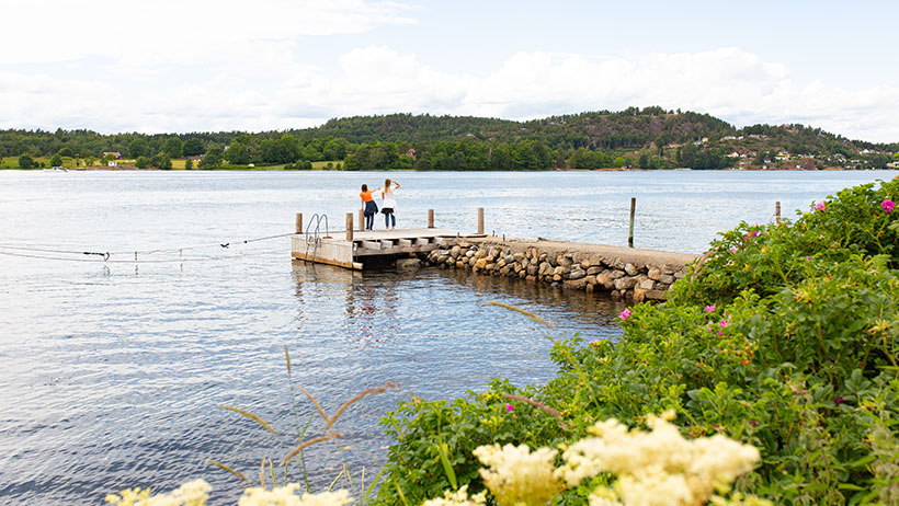 Utsikt over brygge på Veierland. To personer står ytterst på treplatting med steinmolo. Blått vann, grønne åser i bakgrunnen og blomster i forgrunnen. Fredelig sommerstemning.