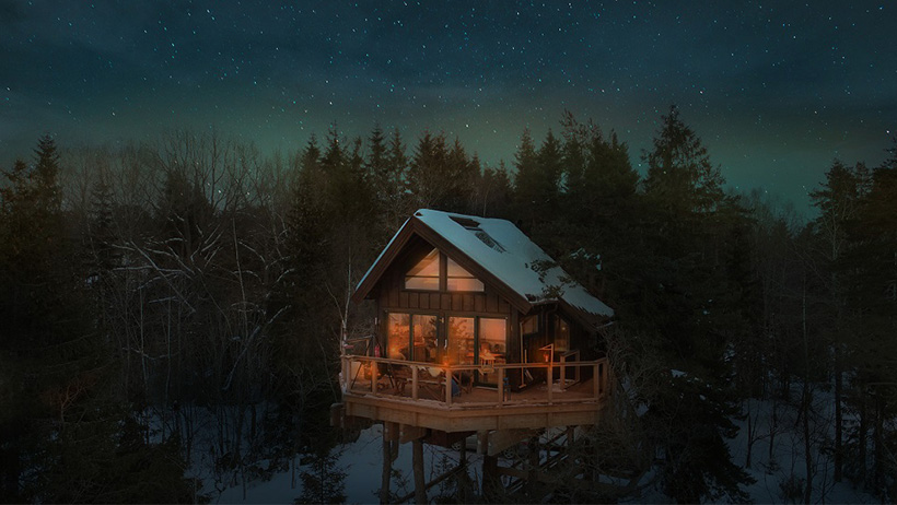Tretopphytte i skogen på natten