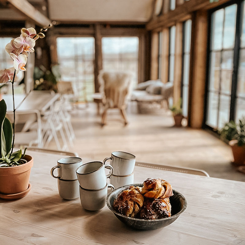 Et lyst og innbydende kaféinteriør med store vinduer. Et bord er dekorert med en vase med orkidé, stablede keramikkoppene, og en skål med ferske kanelsnurrer.