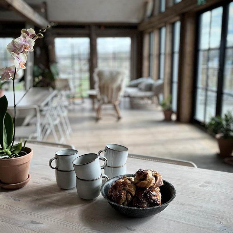 : Et koselig kafébord med kaffekopper og kanelboller i en landlig og innbydende gårdskafé.