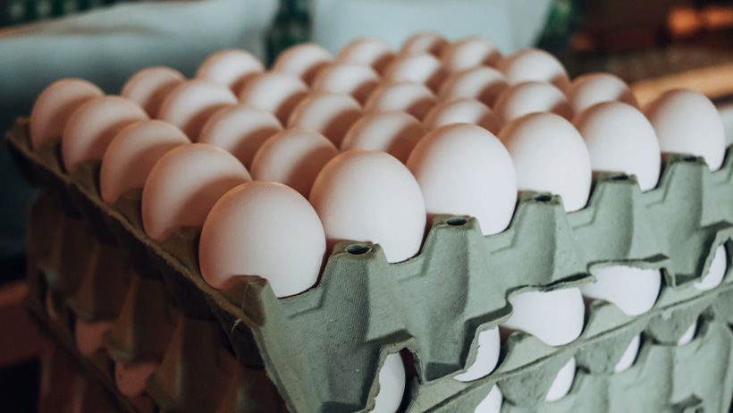 : Brett med ferske, hvite egg stablet i en grønn pappkartong. De blanke eggeskallene reflekterer lyset, og i bakgrunnen skimtes et rustikt gårdsmiljø.