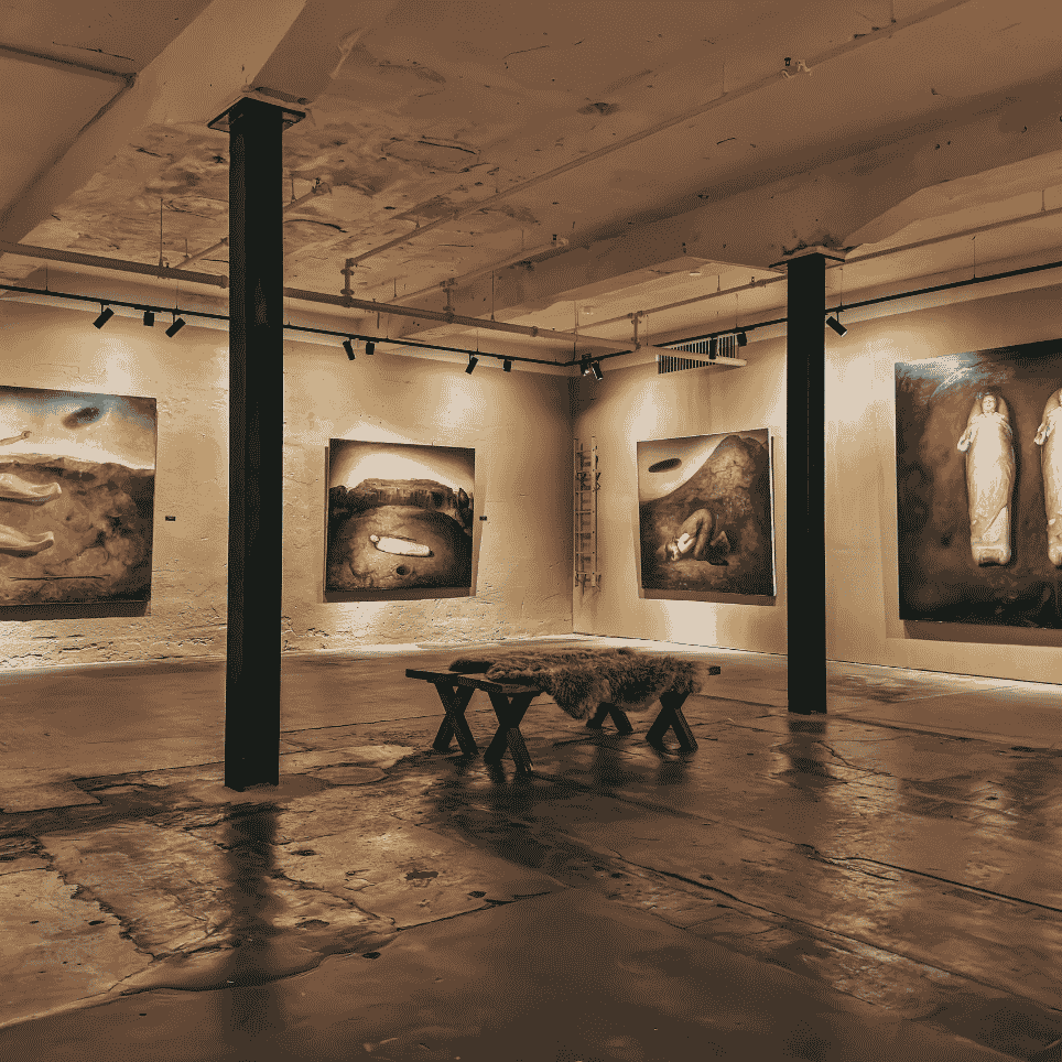 An art gallery featuring four large, dark paintings of figures lying and kneeling in desert-like landscapes, with a sheepskin draped over a wooden bench in the centre.