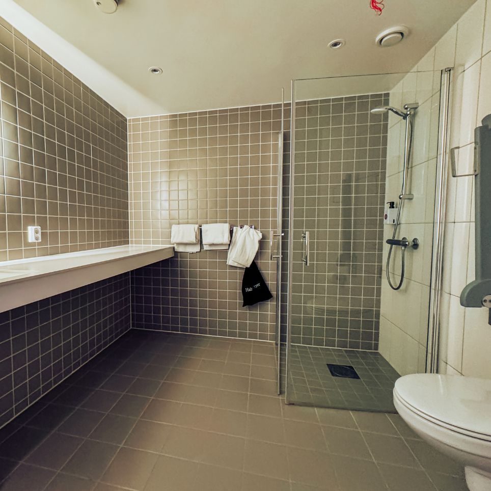 A modern hotel bathroom with grey mosaic tiles, a shower cubicle with a glass door, a towel rail and a toilet with a grab rail.